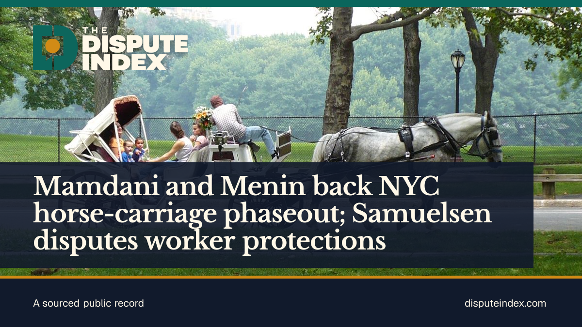 Share card: Mamdani and Menin back NYC horse-carriage phaseout; Samuelsen disputes worker protections