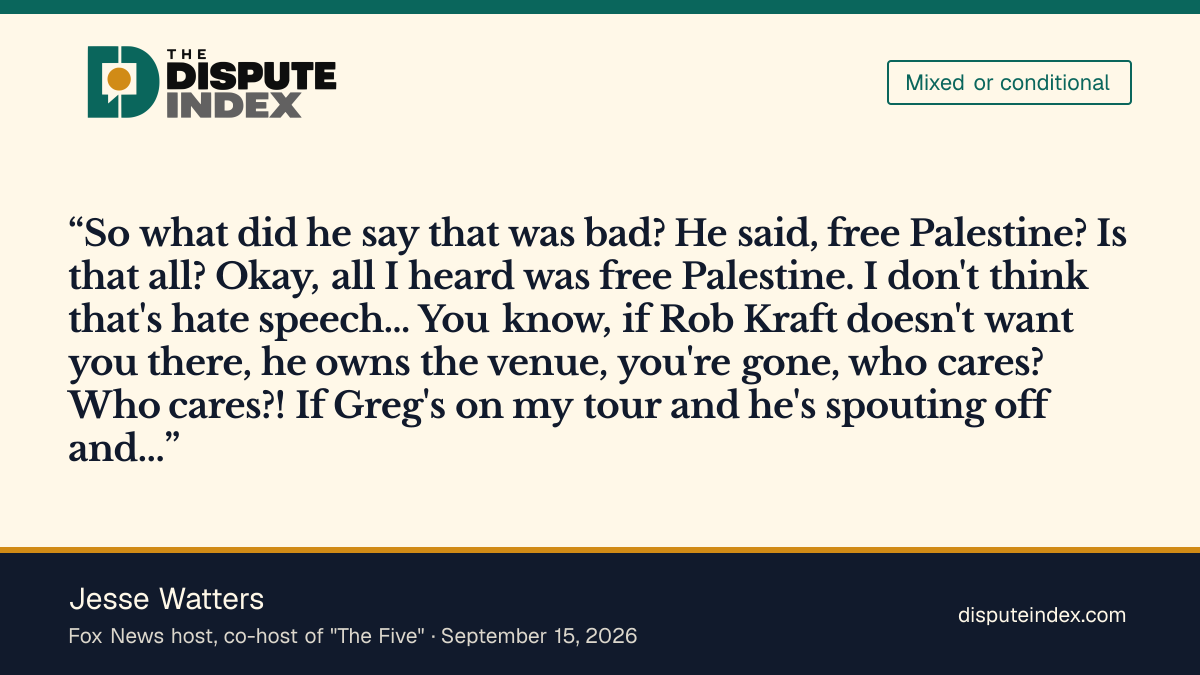 Quote card: Jesse Watters, Jesse Watters says "free Palestine" isn't hate speech, but Kraft can still ban him