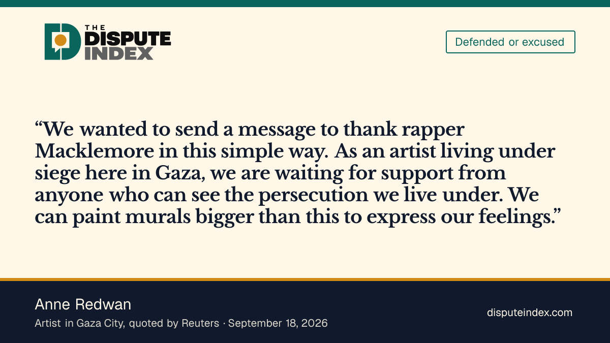 Quote card: Anne Redwan, Anne Redwan paints a mural thanking Macklemore "for using your voice for Palestine"