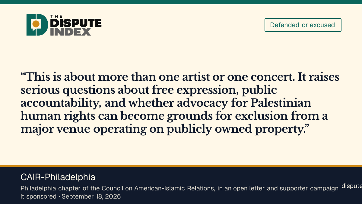 Quote card: CAIR-Philadelphia, CAIR-Philadelphia says Palestinian advocacy should not be grounds for exclusion from a publicly owned venue