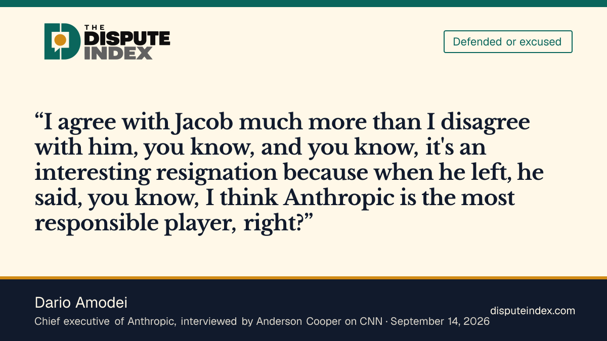 Quote card: Dario Amodei, Amodei says he agrees with Coxon "much more than I disagree" but that Coxon was not calling out Anthropic