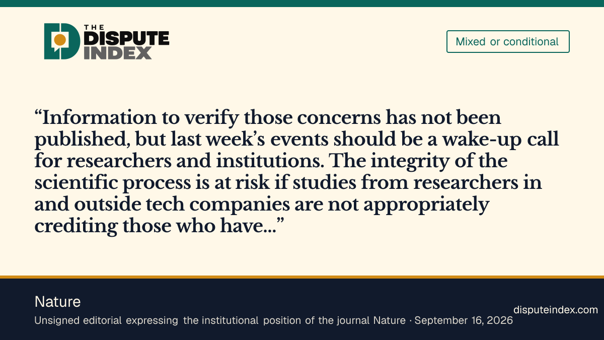 Quote card: Nature, Nature editorial: the verifying information “has not been published,” but the episode is “a wake-up call”