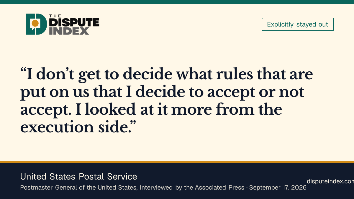 Quote card: United States Postal Service, Postmaster General Steiner: “There’s an injunction so we’re not doing anything”