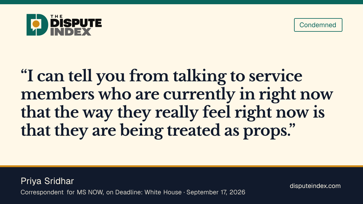 Quote card: Priya Sridhar, Priya Sridhar says serving members feel they are being treated as props