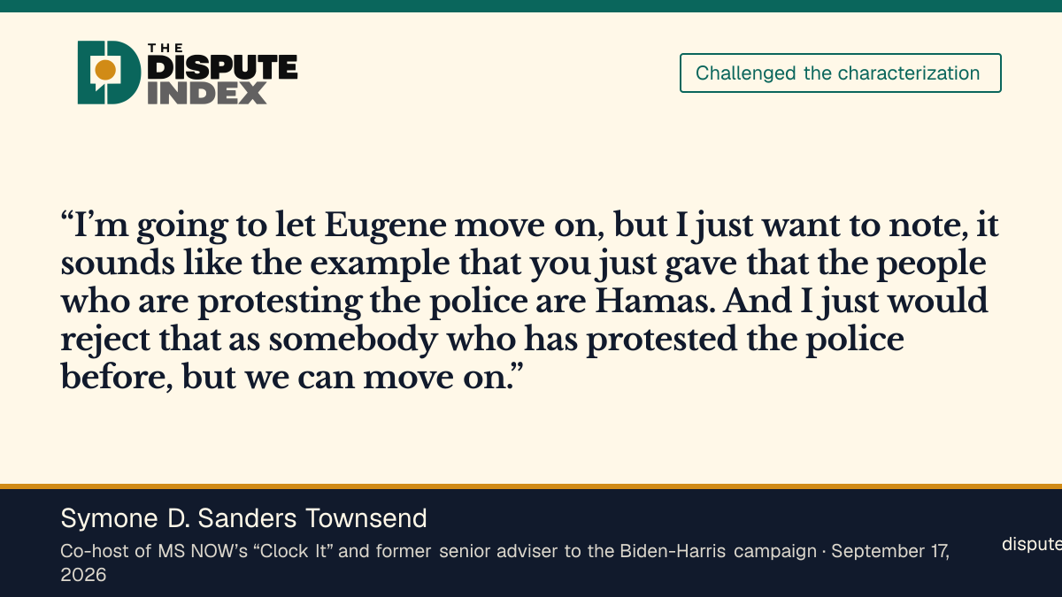 Quote card: Symone D. Sanders Townsend, Symone D. Sanders Townsend rejects Piker’s policing analogy