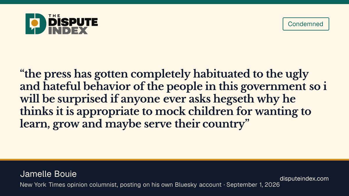 Quote card: Jamelle Bouie, Jamelle Bouie says Hegseth mocked children for wanting to serve, and doubts the press will ask him why