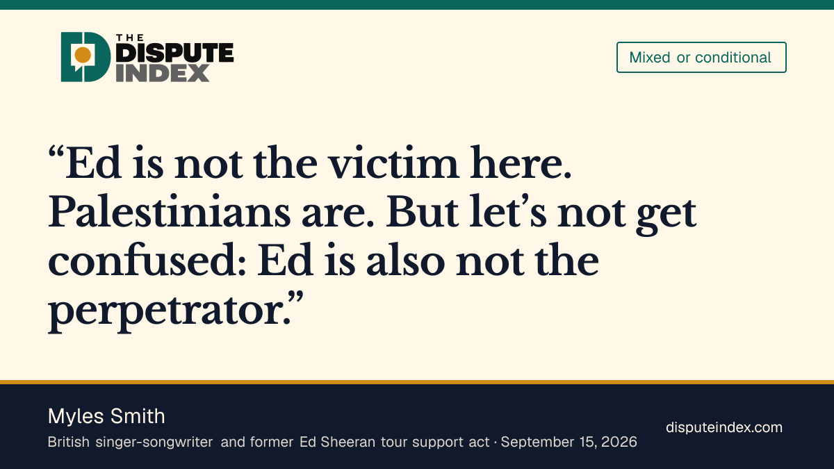 Quote card: Myles Smith, Myles Smith supports Palestinian freedom while defending Ed Sheeran