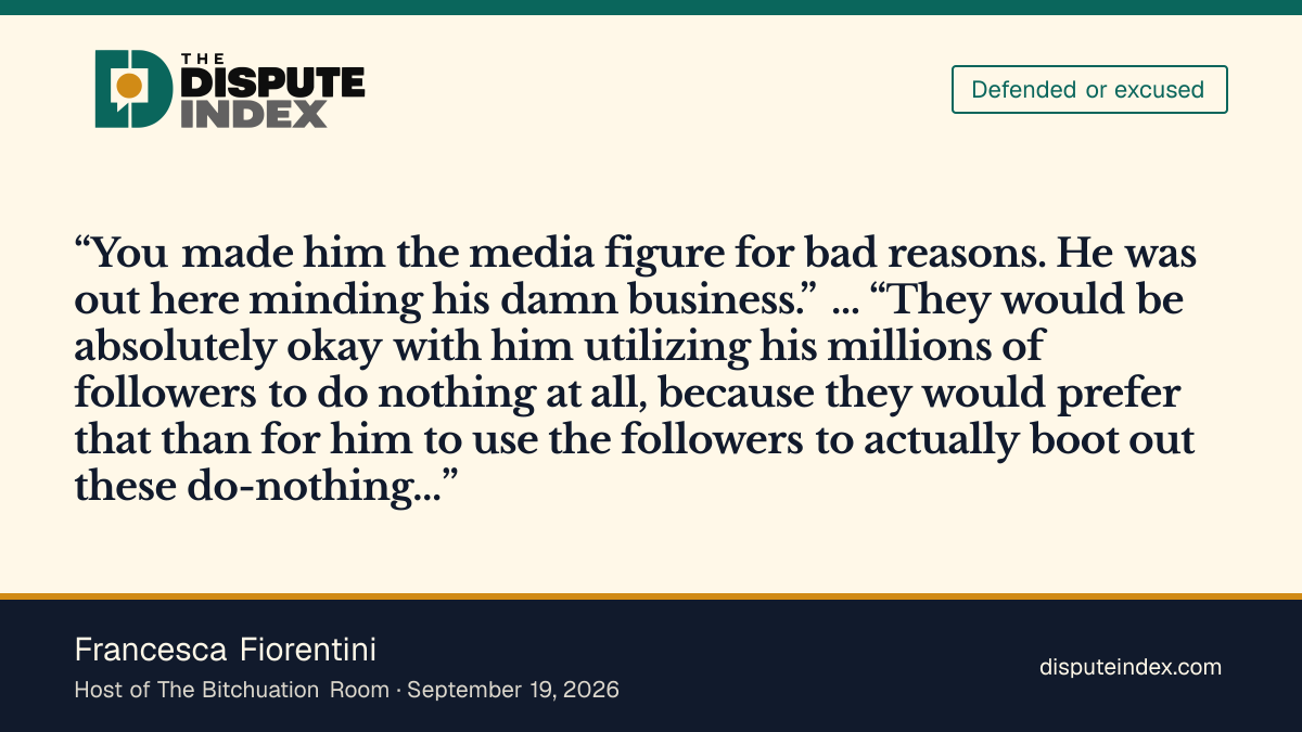 Quote card: Francesca Fiorentini, Francesca Fiorentini says Piker’s critics “made him the media figure for bad reasons” and would prefer he “do nothing at all”