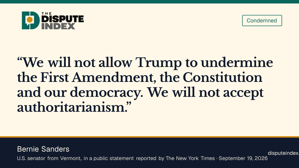 Quote card: Bernie Sanders, Bernie Sanders says Trump’s press ban undermines the First Amendment and democracy