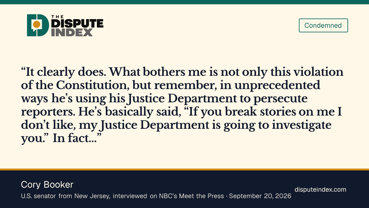 Quote card: Cory Booker, Cory Booker says the ban “clearly” violates the Constitution and “has no regard for the First Amendment”