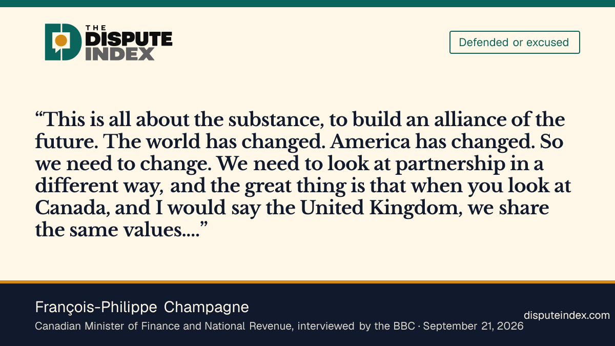 Quote card: François-Philippe Champagne, François-Philippe Champagne tells the BBC the Canada–EU proposal is “about the substance, to build an alliance of the future”
