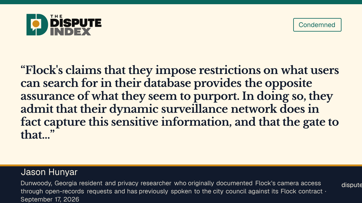 Quote card: Jason Hunyar, Hunyar says Flock's explanation “provides the opposite assurance of what they seem to purport”