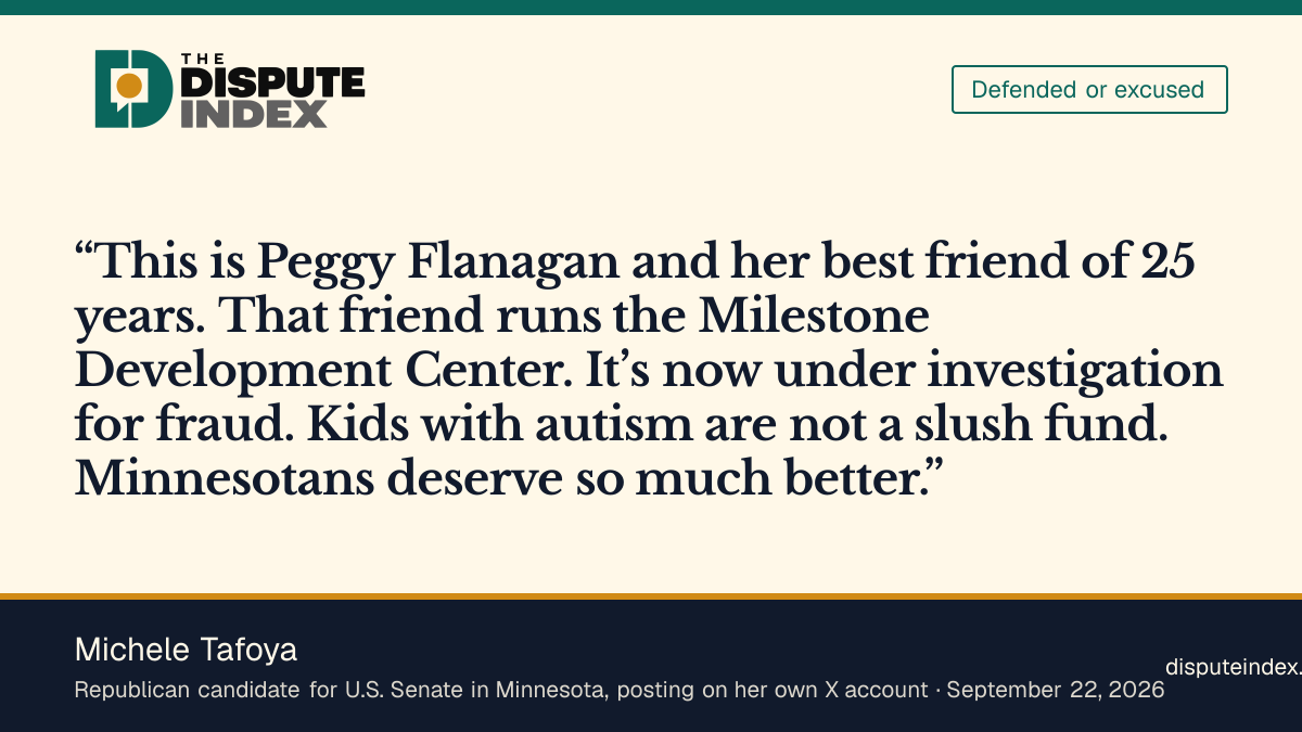 Quote card: Michele Tafoya, Tafoya links Flanagan to a friend’s autism-services center and alleges it is under fraud investigation
