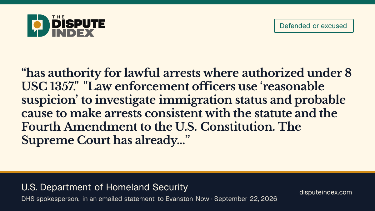 Quote card: U.S. Department of Homeland Security, DHS defends the Evanston stop