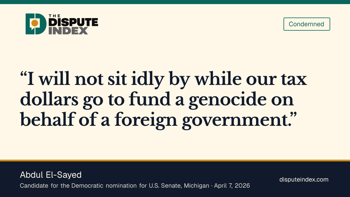 Quote card: Abdul El-Sayed, Campaign rally remarks denouncing the Iran war