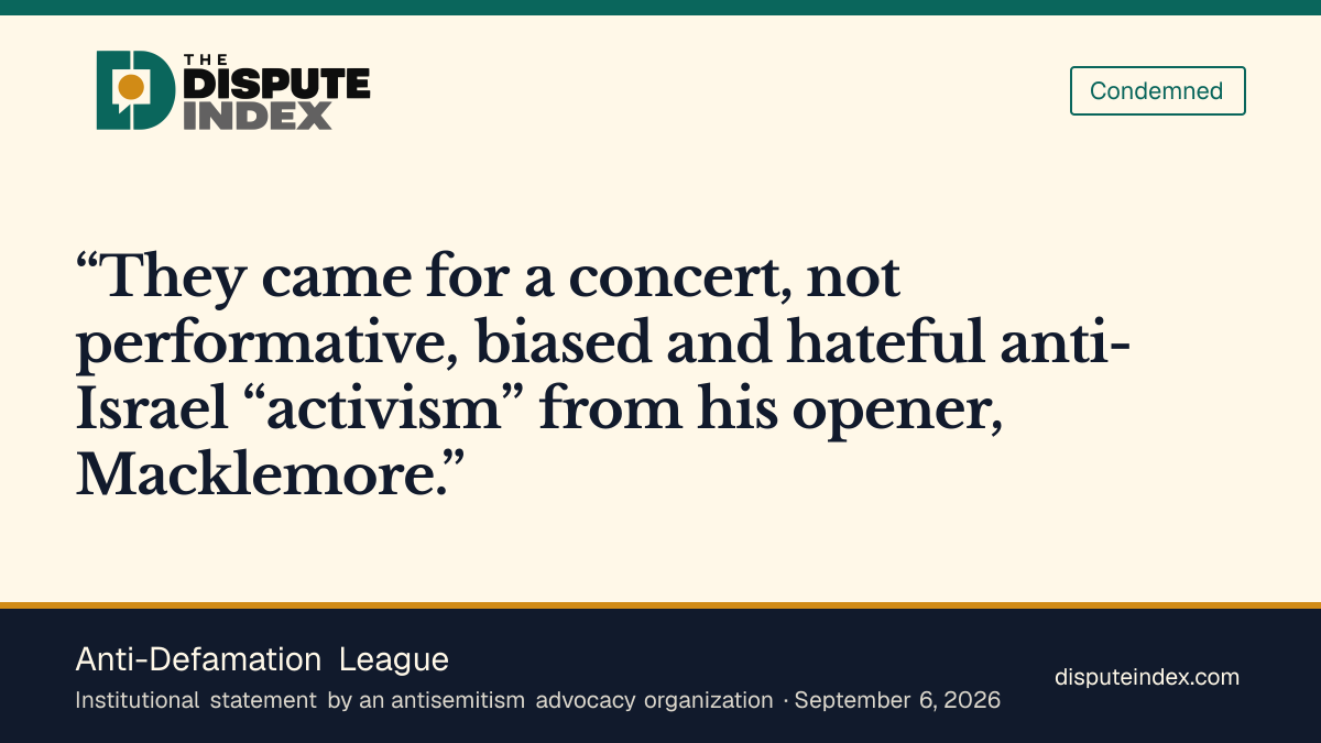 Quote card: Anti-Defamation League, Anti-Defamation League calls Macklemore's Free Palestine set hateful