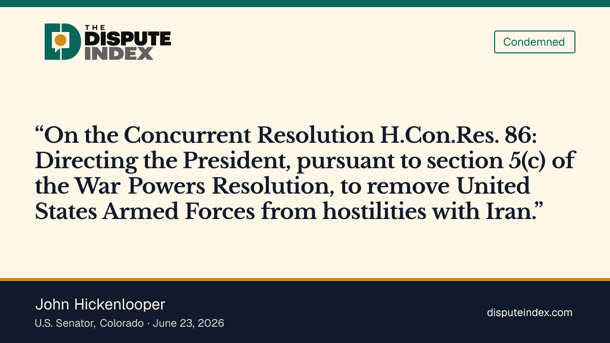 Quote card: John Hickenlooper, Senate vote: Yea on H.Con.Res. 86 (Iran war powers)