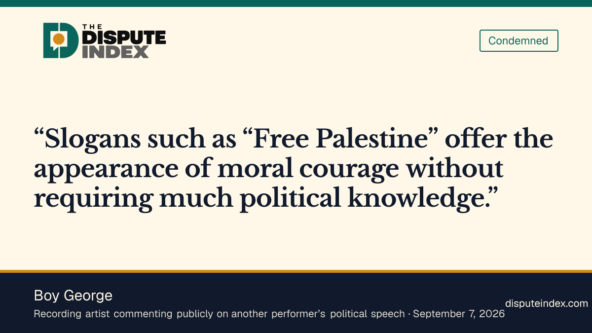 Quote card: Boy George, Boy George criticizes Macklemore's Free Palestine speech as shallow