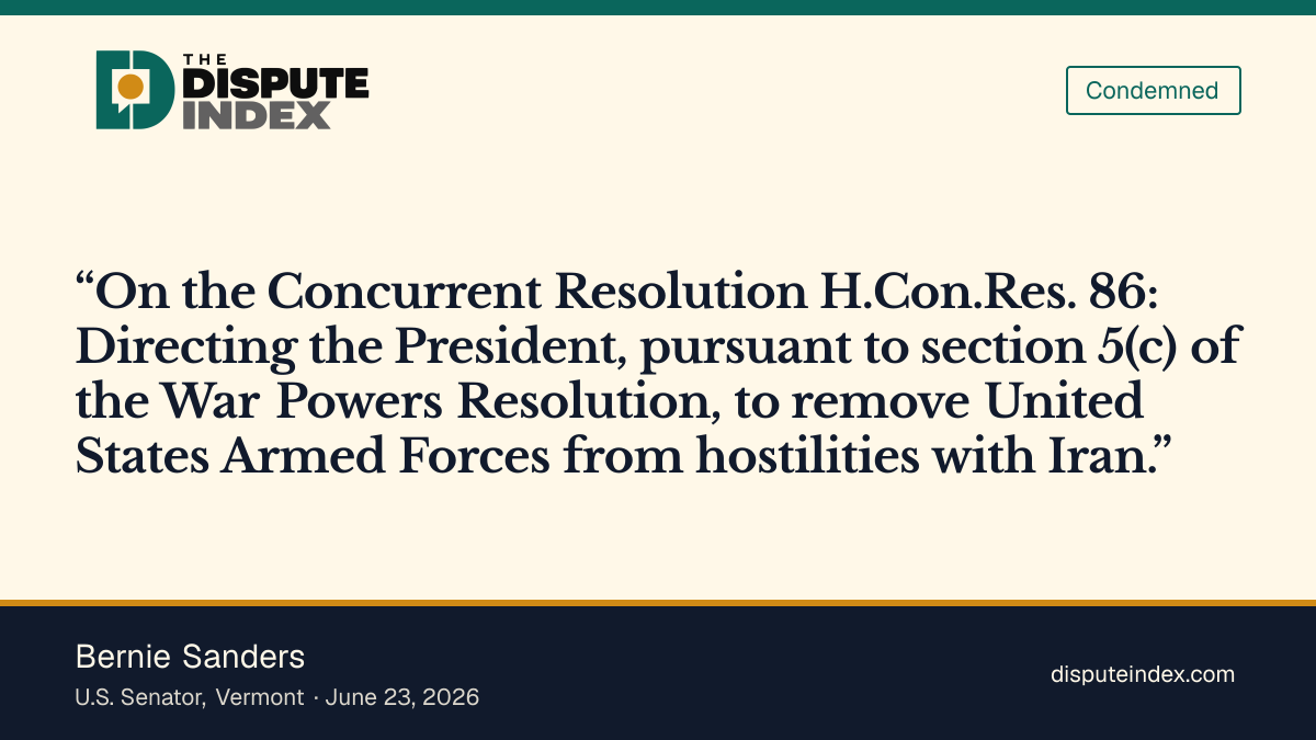 Quote card: Bernie Sanders, Senate vote: Yea on H.Con.Res. 86 (Iran war powers)