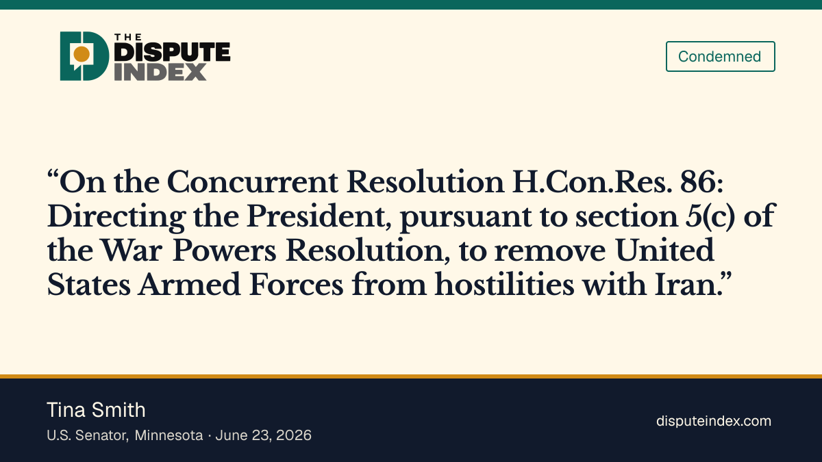 Quote card: Tina Smith, Senate vote: Yea on H.Con.Res. 86 (Iran war powers)