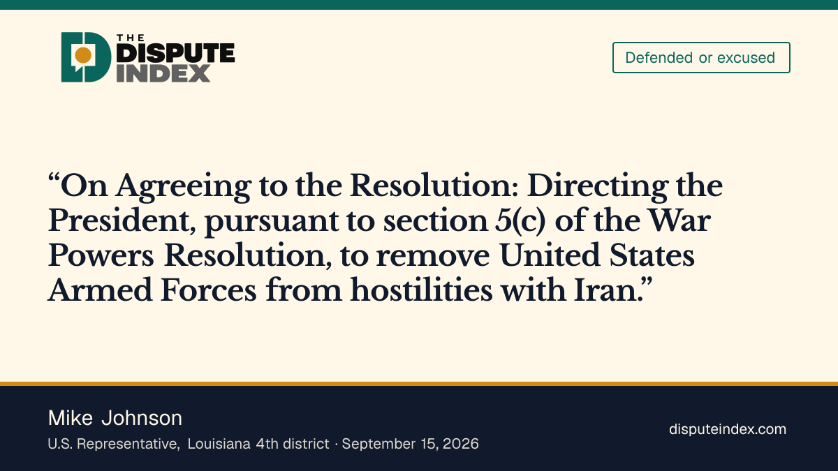 Quote card: Mike Johnson, House vote: Nay on H.Con.Res. 93 (Iran war powers)
