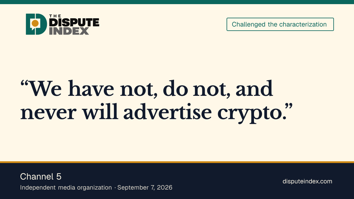 Quote card: Channel 5, Channel 5 denies advertising crypto amid Hunter Biden mailing list flap