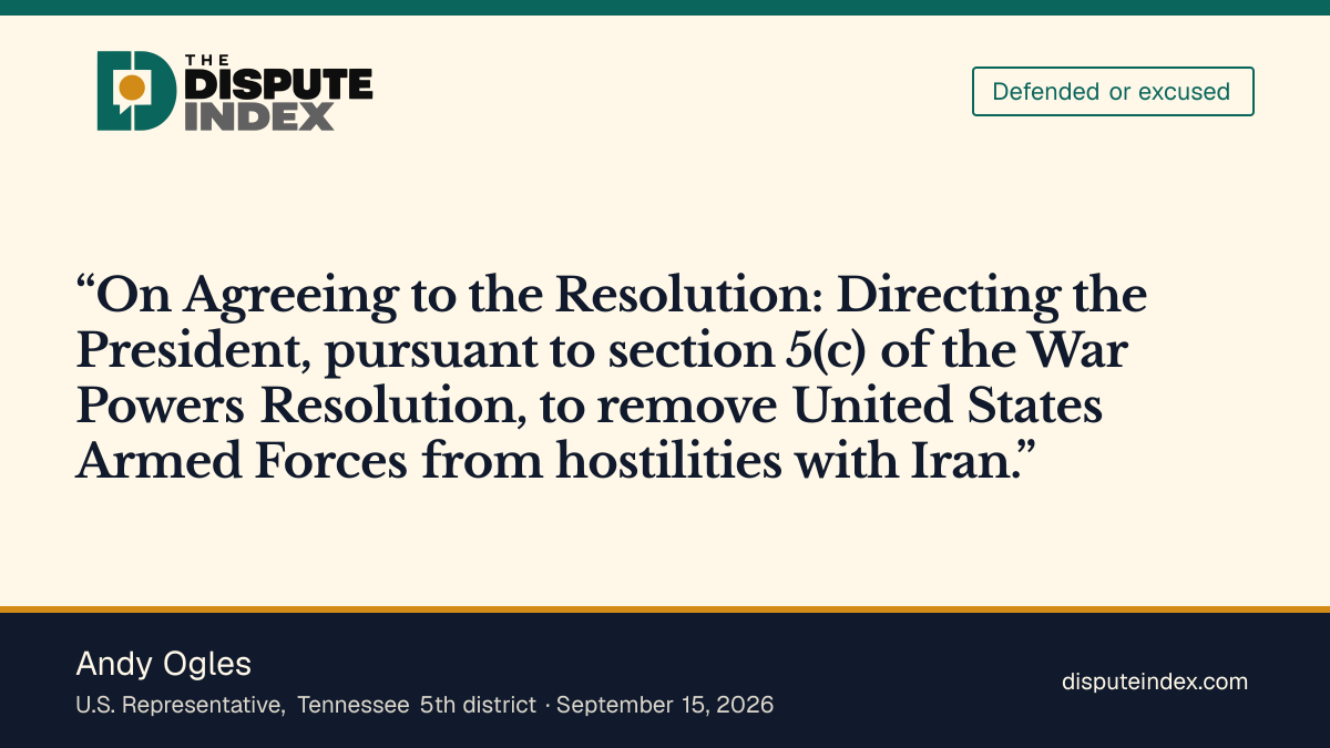 Quote card: Andy Ogles, House vote: Nay on H.Con.Res. 93 (Iran war powers)