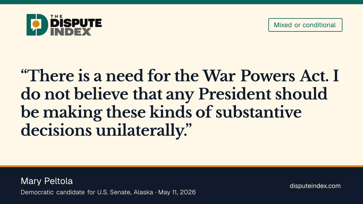 Quote card: Mary Peltola, Supports War Powers Act intervention on Iran, stops short of opposing the war