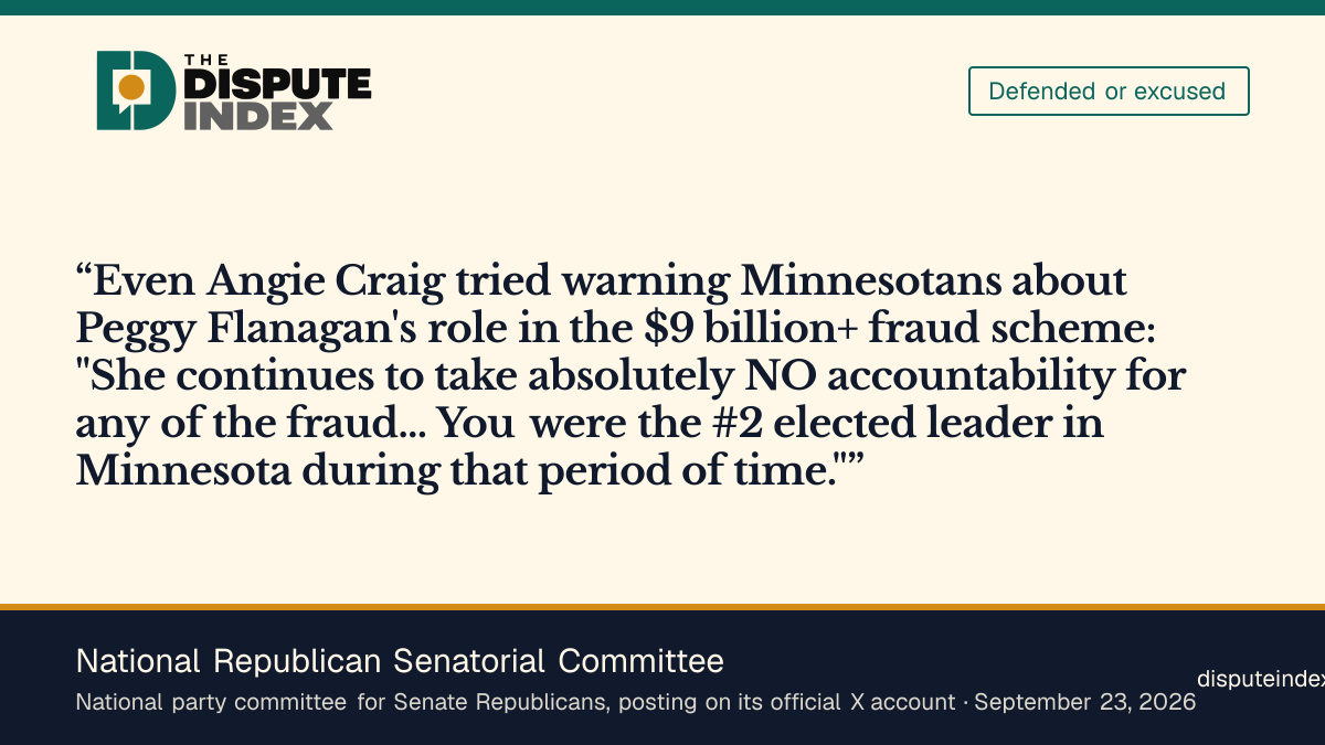 Quote card: National Republican Senatorial Committee, NRSC cites Angie Craig’s criticism as it describes Flanagan’s “role in the $9 billion+ fraud scheme”