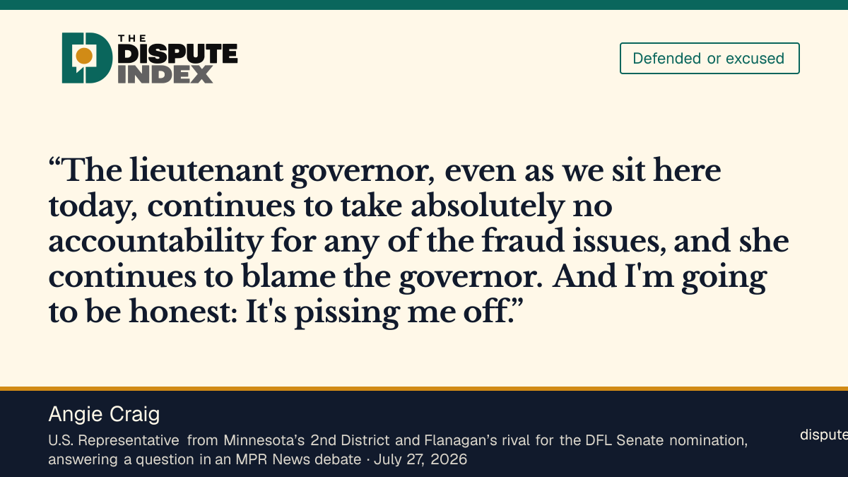 Quote card: Angie Craig, Angie Craig says Flanagan “continues to take absolutely no accountability for any of the fraud issues”