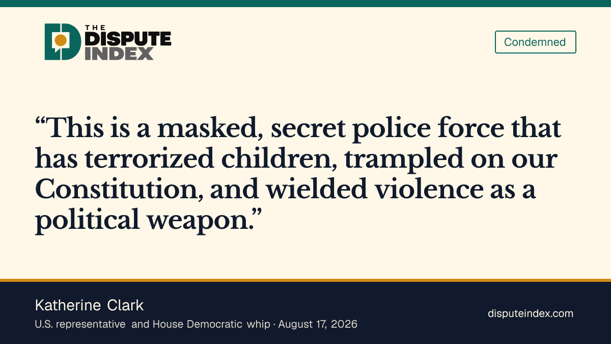 Quote card: Katherine Clark, Clark says ICE wielded violence as a political weapon