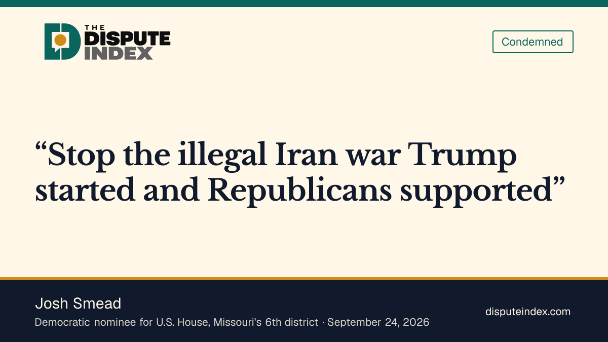 Quote card: Josh Smead, Platform calls for stopping the illegal Iran war Trump started