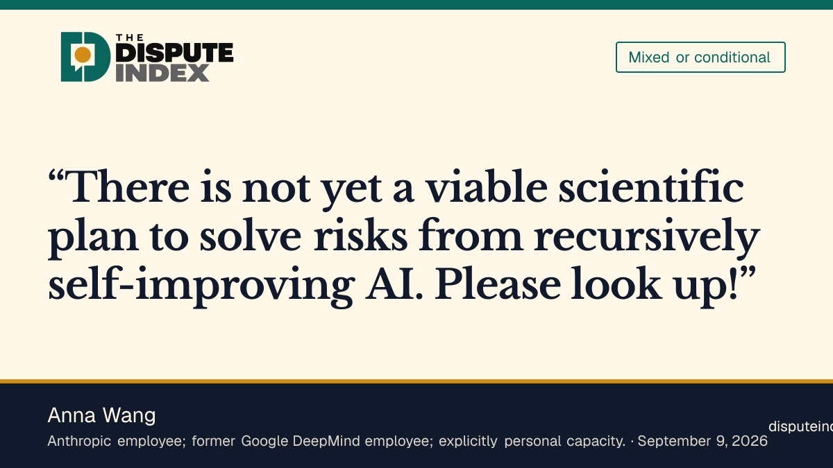 Quote card: Anna Wang, Anna Wang says AI labs lack a plan for self-improvement risks