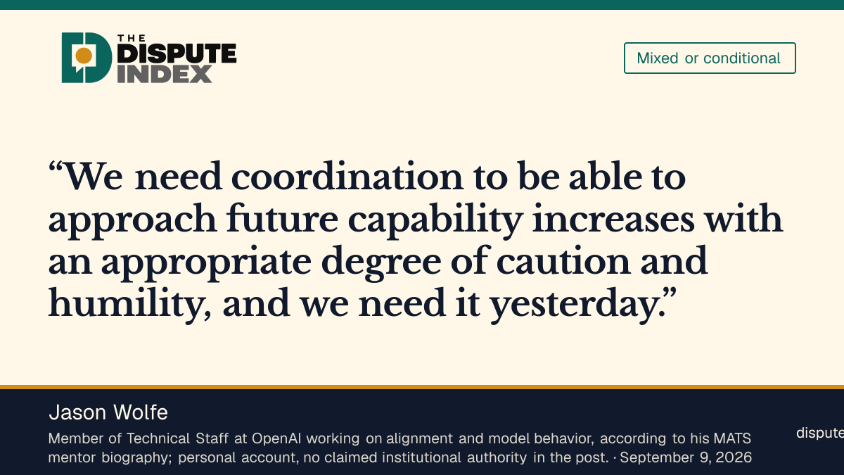 Quote card: Jason Wolfe, Jason Wolfe calls AI development pace terrifying, urges coordination