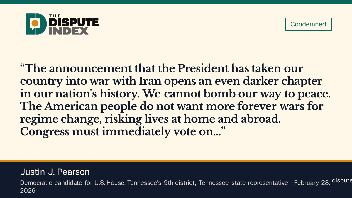 Quote card: Justin J. Pearson, Says Congress must immediately vote on a War Powers Resolution to stop the conflict