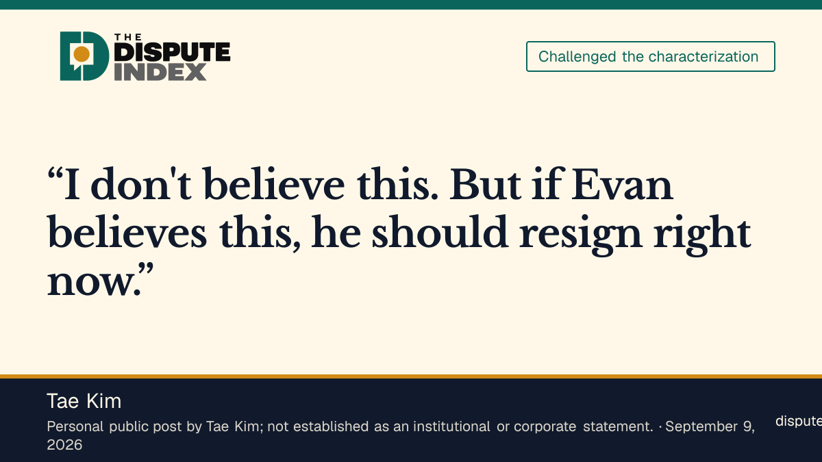 Quote card: Tae Kim, Tae Kim says Evan Hubinger should resign if he believes his AI warning