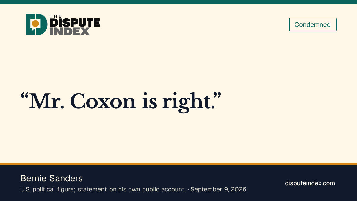 Quote card: Bernie Sanders, Bernie Sanders backs Coxon, vows a bill to ban superintelligence