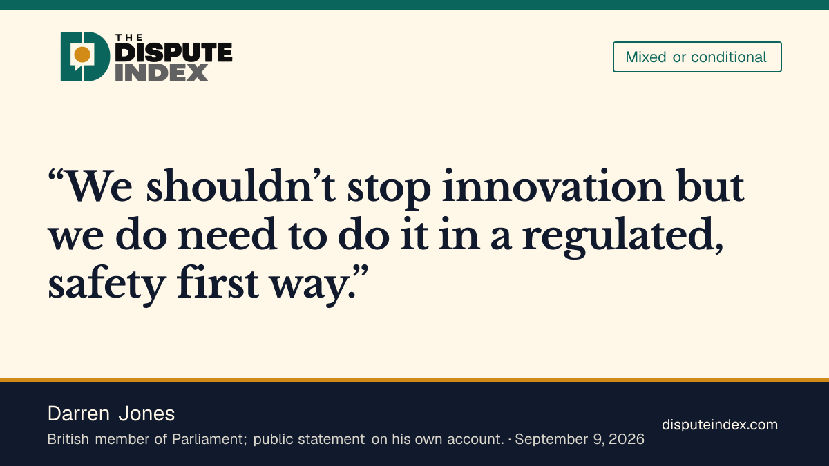 Quote card: Darren Jones, Darren Jones calls for regulated AI development instead of a halt