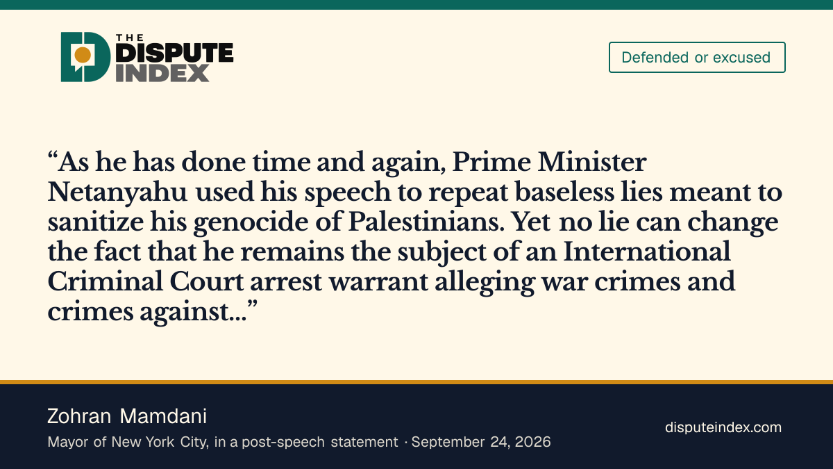 Quote card: Zohran Mamdani, Mamdani calls Netanyahu's United Nations remarks "baseless lies"