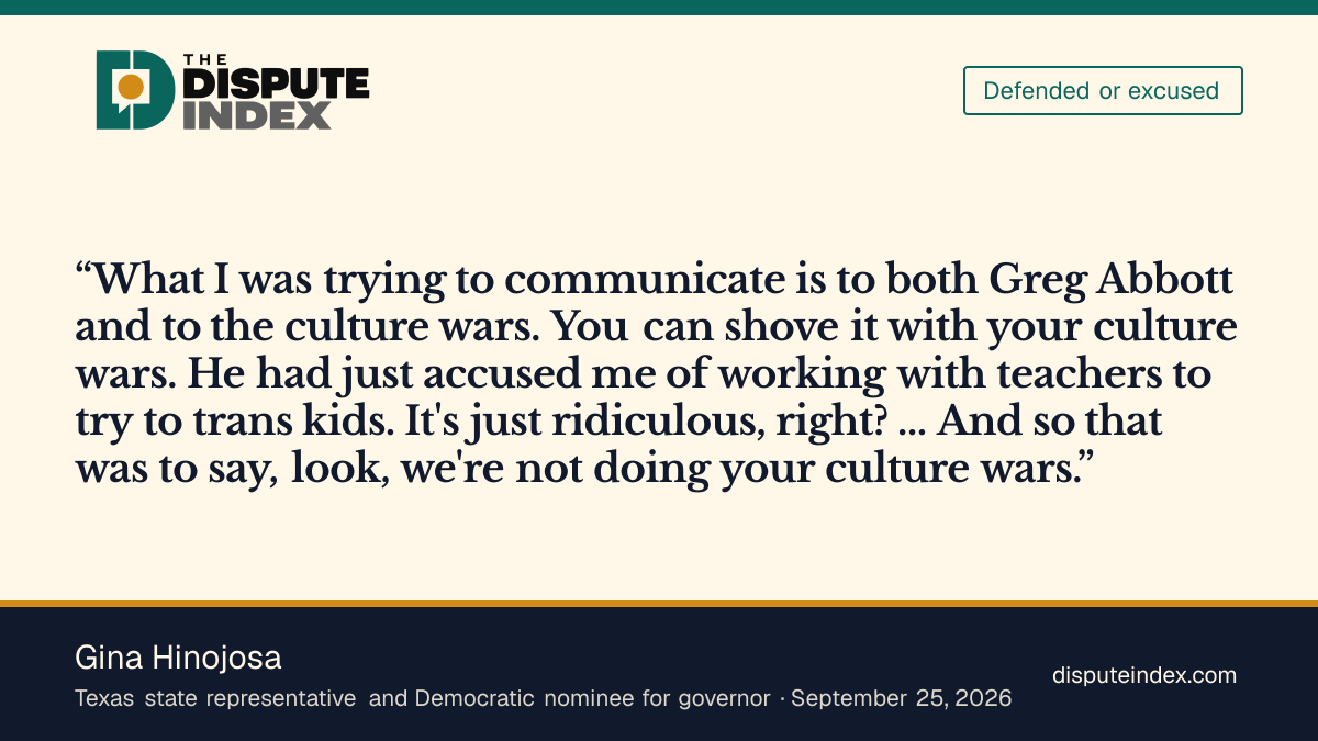 Quote card: Gina Hinojosa, Hinojosa says the "Pronouns" ad was meant to rebuke culture-war politics
