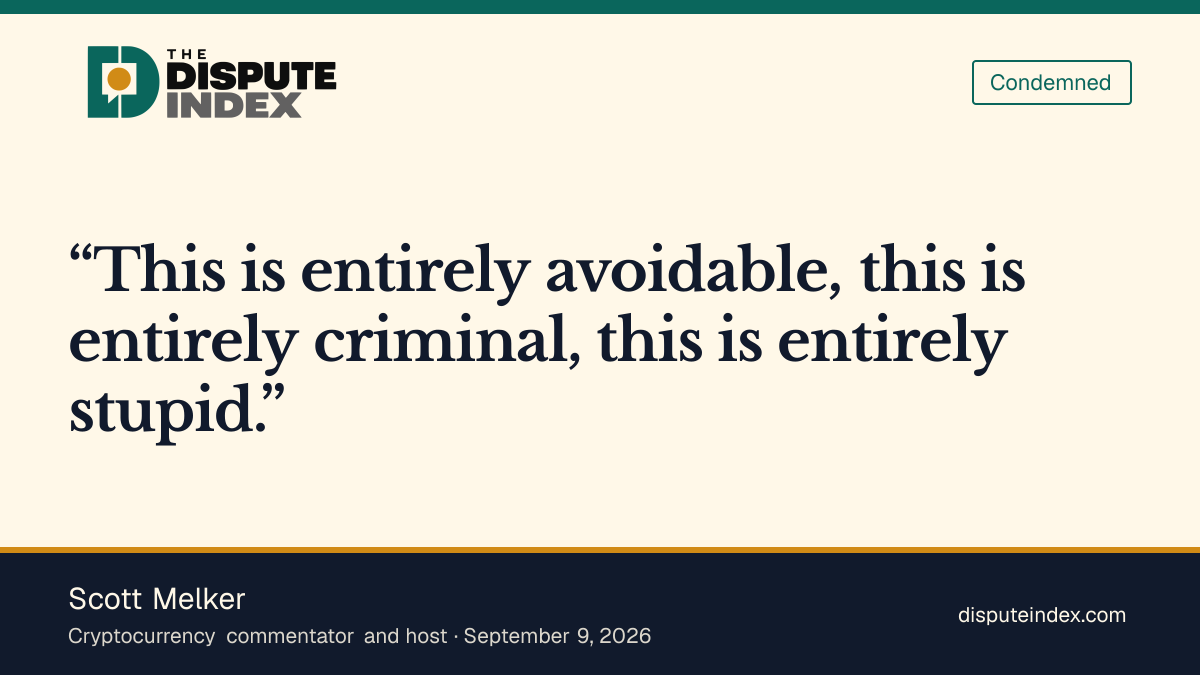 Quote card: Scott Melker, Scott Melker calls the LAPTOP memecoin collapse criminal and stupid