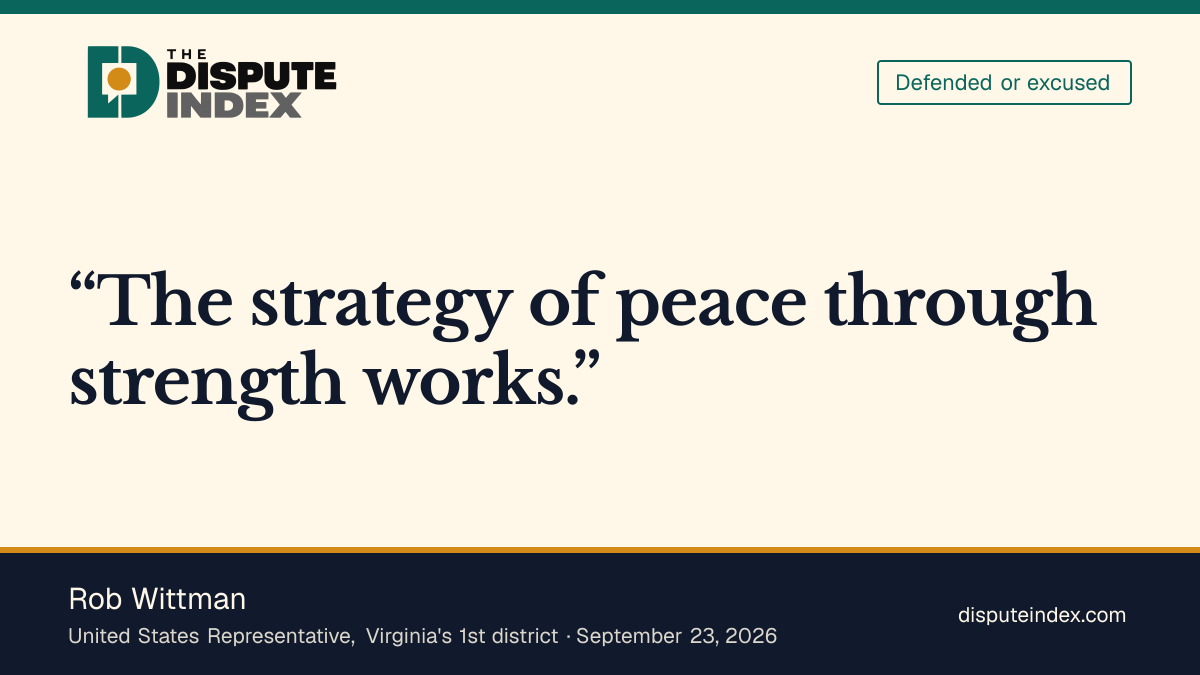 Quote card: Rob Wittman, Backs peace through strength and voted repeatedly against halting military action