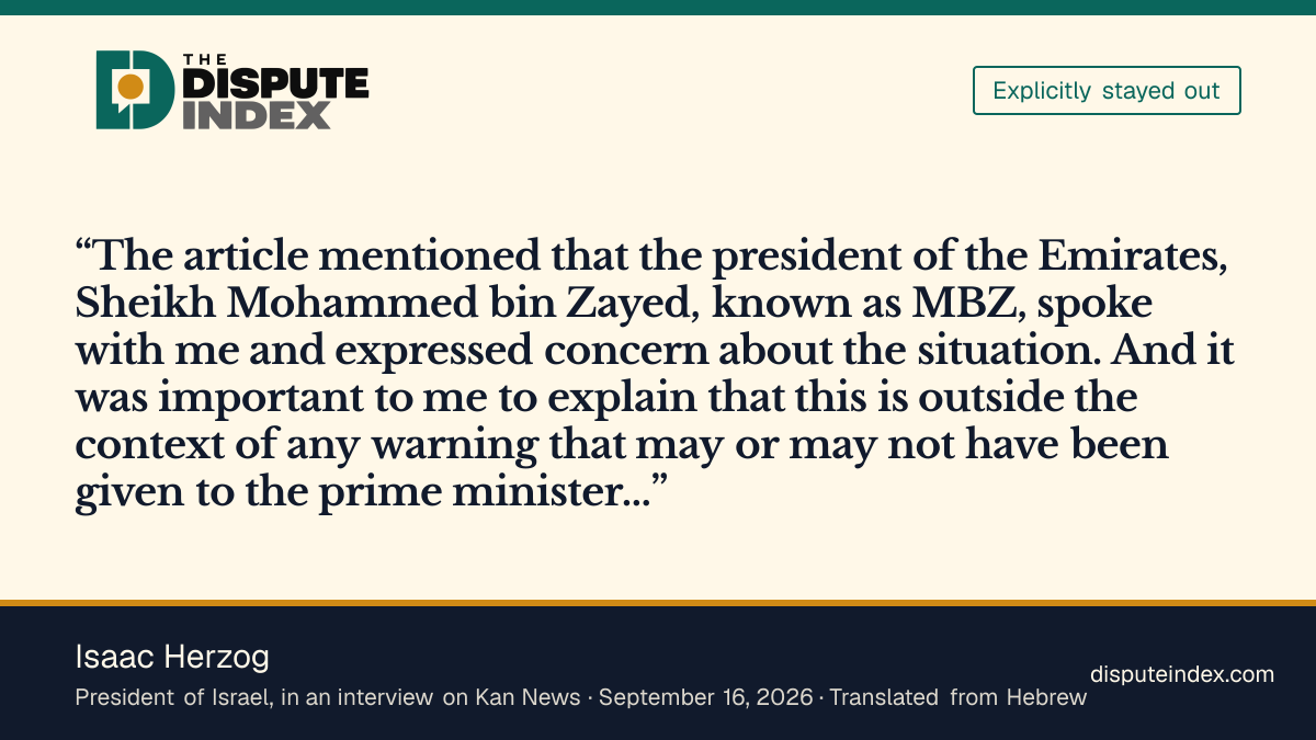 Quote card: Isaac Herzog, President Herzog says his talk with the UAE president was separate from whether Netanyahu was warned