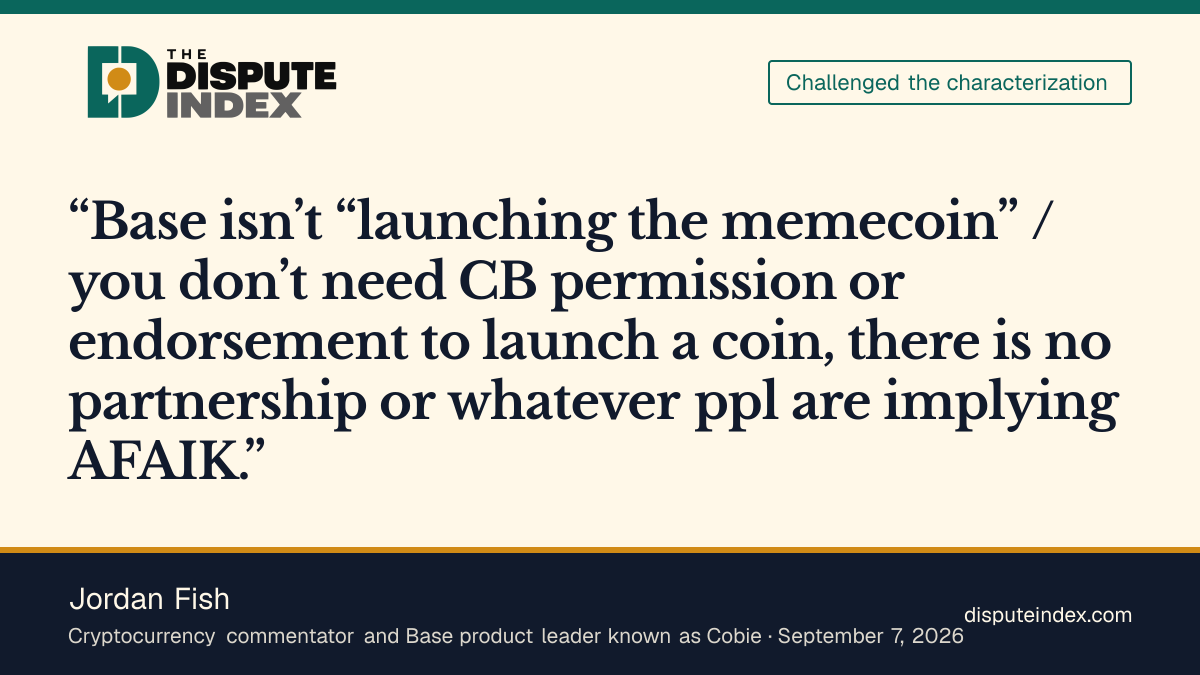 Quote card: Jordan Fish, Jordan Fish denies Base endorsed Hunter Biden's LAPTOP memecoin