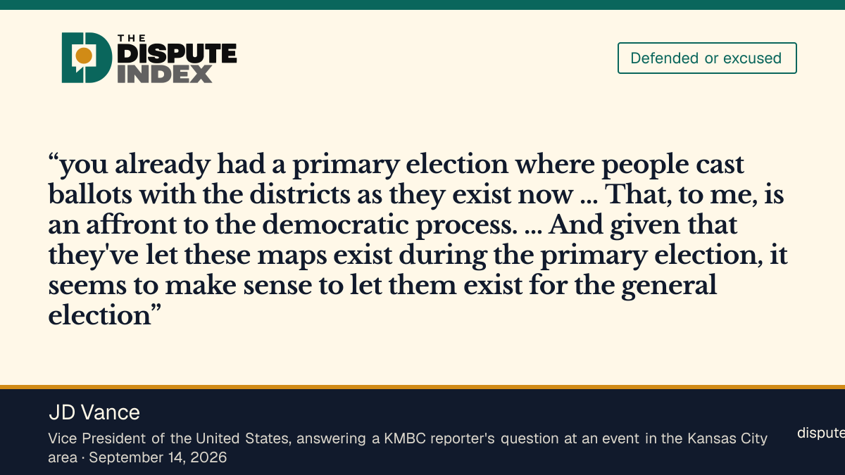 Quote card: JD Vance, Vice President JD Vance calls a different map for the general election "an affront to the democratic process"