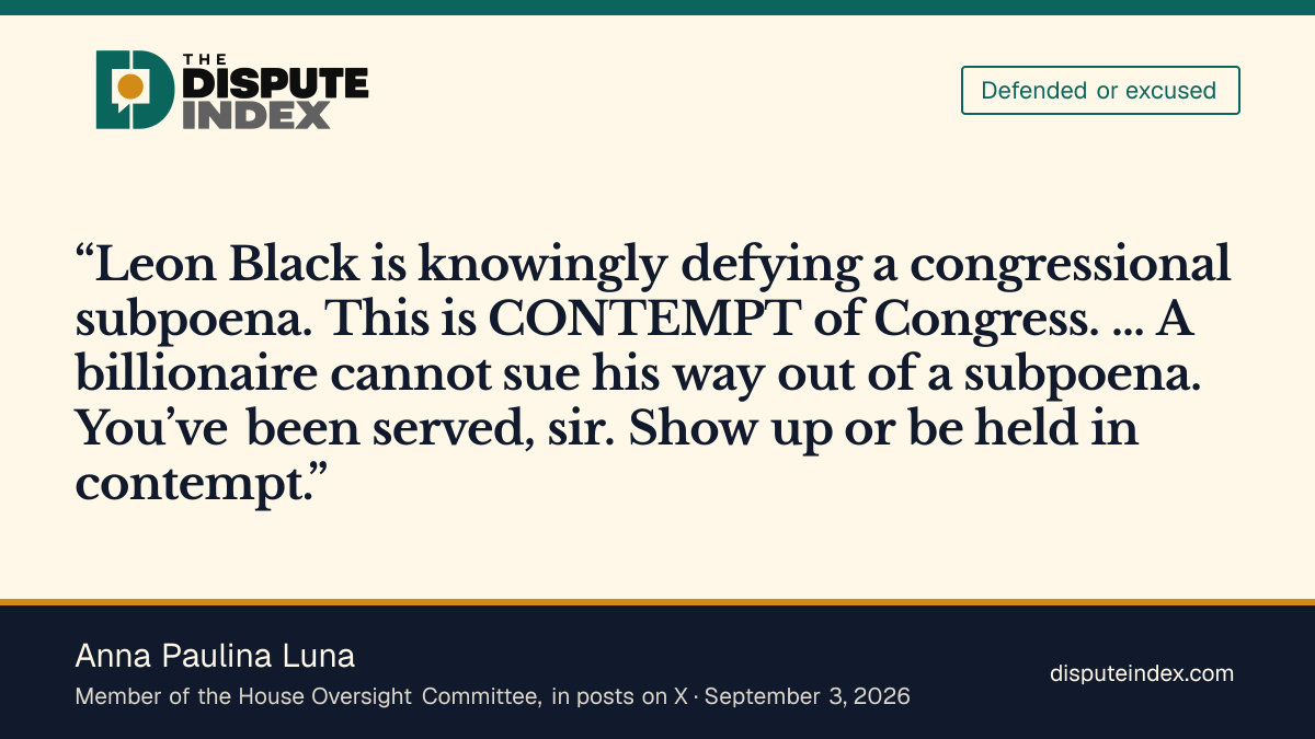 Quote card: Anna Paulina Luna, Rep. Anna Paulina Luna says of Black, "This is CONTEMPT of Congress"