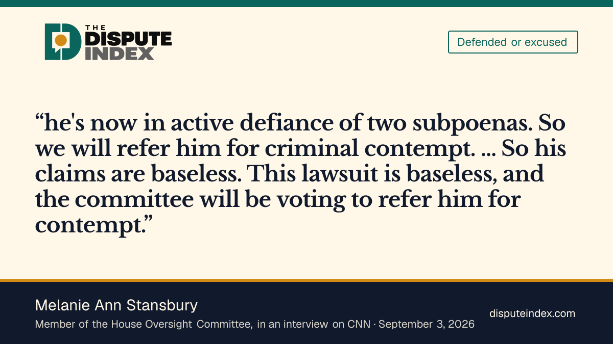 Quote card: Melanie Ann Stansbury, Rep. Melanie Stansbury says "the committee will be voting to refer him for contempt"