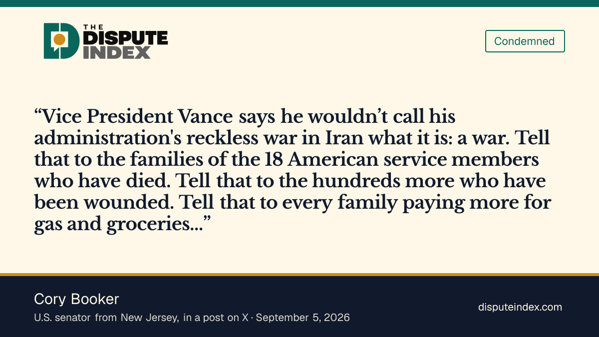 Quote card: Cory Booker, Booker says Vance "wouldn't call his administration's reckless war in Iran what it is: a war"