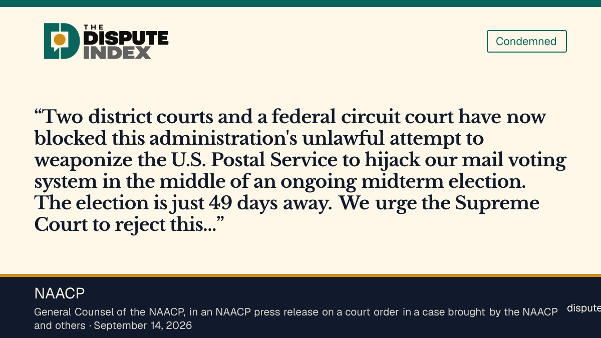 Quote card: NAACP, NAACP General Counsel Kristen Clarke urges the Supreme Court to leave the USPS ballot-mail block in place