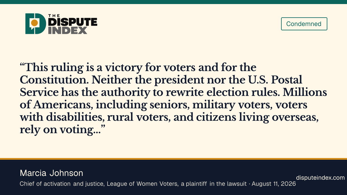 Quote card: Marcia Johnson, League of Women Voters' Marcia Johnson says the president and USPS cannot rewrite election rules